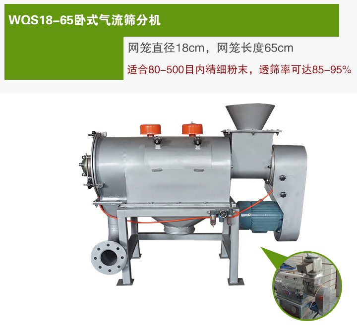 WQS18-65臥式氣流篩分機(jī)網(wǎng)籠直徑為18cm，網(wǎng)籠長度為65cm